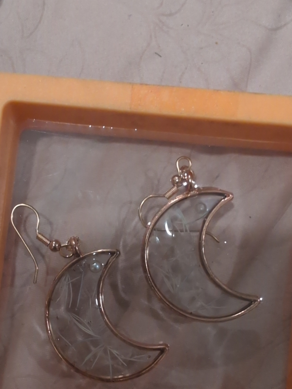 Crescent Moon Clear Resin Drop Earrings in Rose Gold